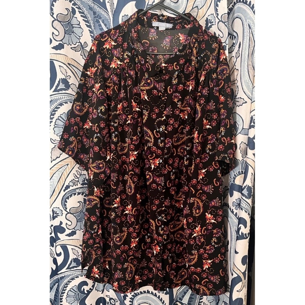ONLY NECESSITIES Black Paisley Floral Print Button Up Shirt Women's Plus Size 5X